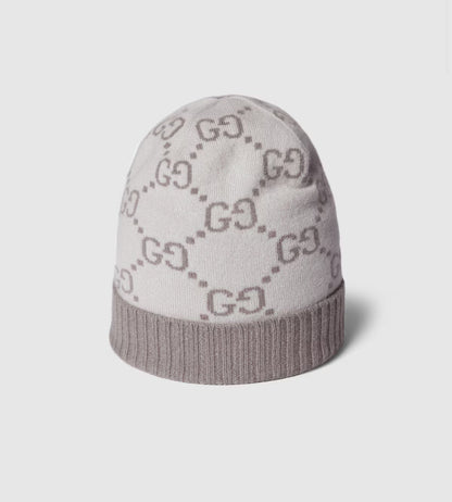 Bonnet et Écharpe en jacquard de cachemire GG ivoire et gris clair