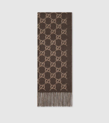 Bonnet et Écharpe en jacquard de cachemire GG marron et beige