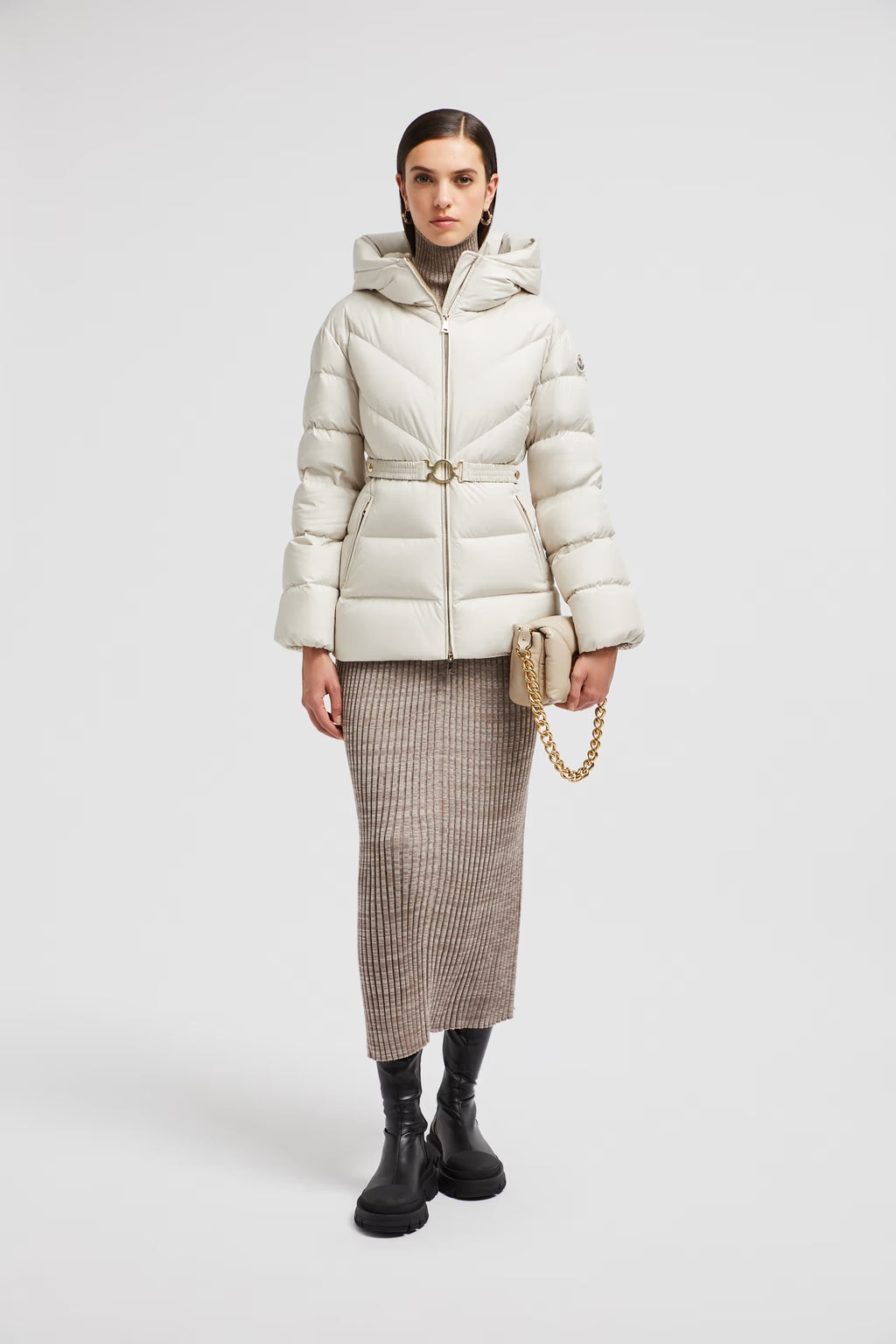Doudoune courte Brosse à capuche et matelassage diagonal Moncler Blanc